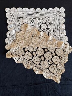 VTG Handmade Crochet Rectangle Lace Doilies in Cream and Beige - Dresser Scarves